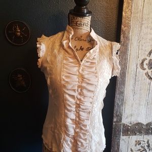 Beige button down lace top with built in cami